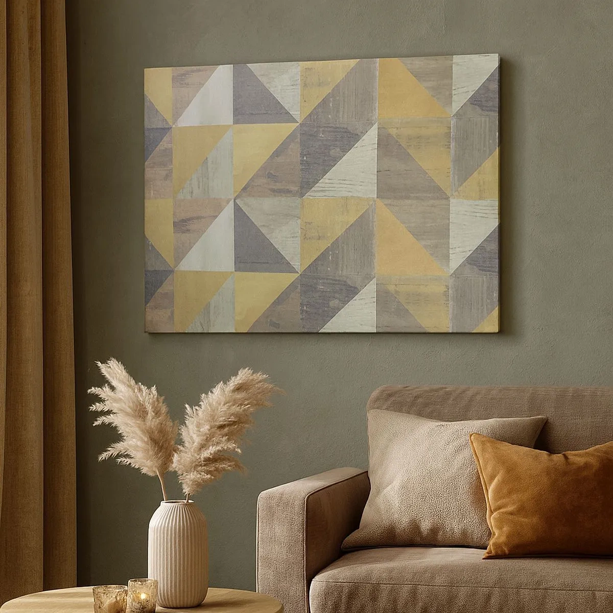 Obraz na płótnie - Geometryczna kompozycja trójkątów w odcieniach ziemi - 70x50cm - Pod kątem trójkąta - Nowoczesna dekoracja ścienna do salonu i sypialni ARTTOR