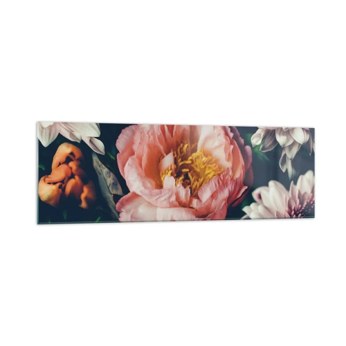 Obraz na szkle - Kwiatowa kompozycja z piwonią i chryzantemami na ciemnym tle - 160x50cm - Z barokowym przepychem - Nowoczesna dekoracja ścienna do salonu i sypialni ARTTOR
