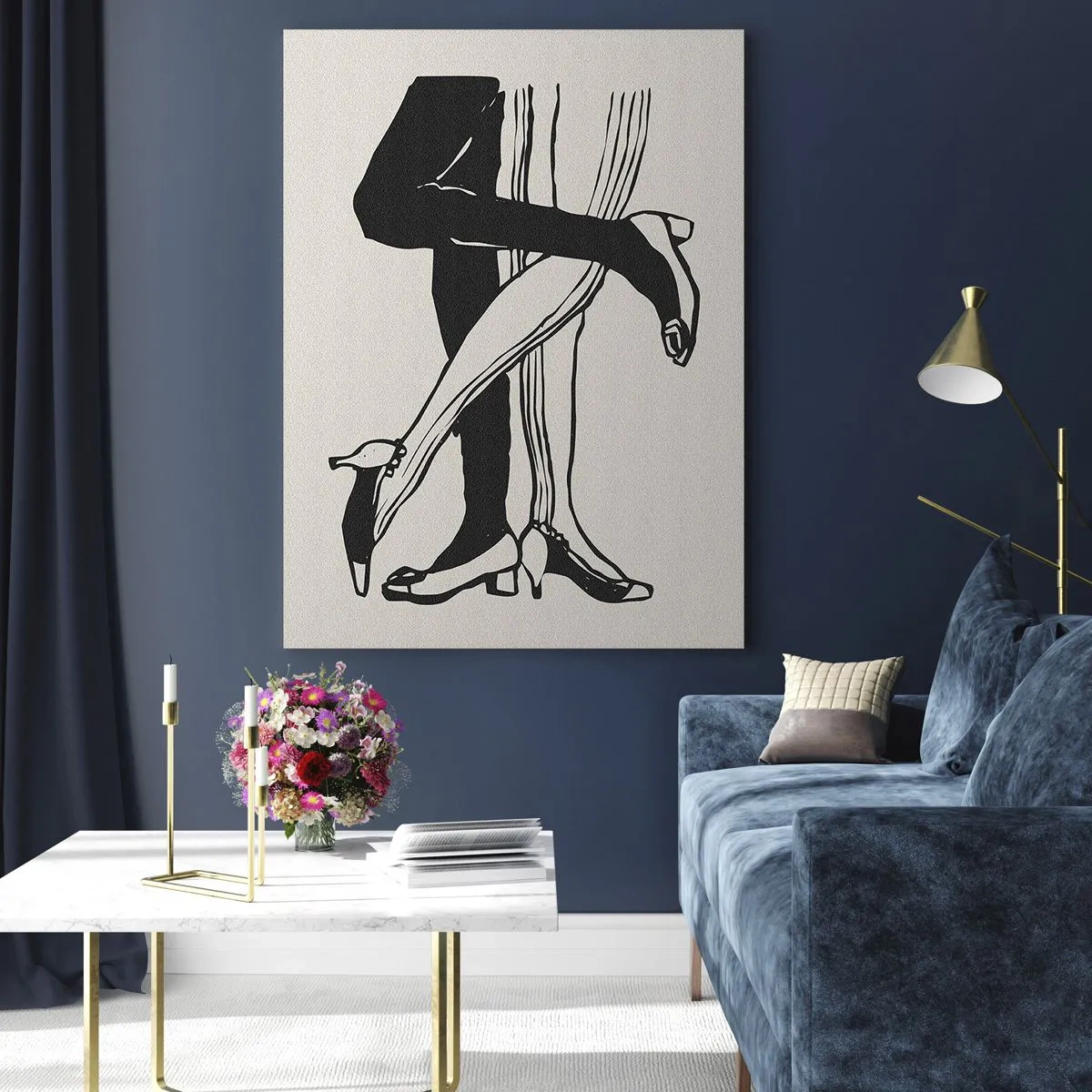 Obraz na szkle - Minimalistyczna czarno-biała ilustracja splecionych nóg tańczącej pary - 80x120cm - Kobiecy atrybut - Nowoczesna dekoracja ścienna do salonu i sypialni ARTTOR
