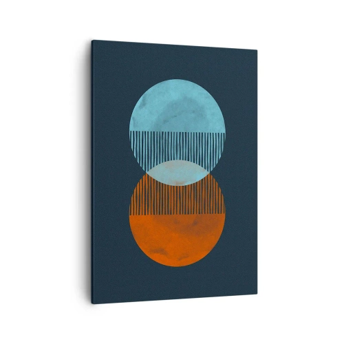 Obraz na płótnie - Abstrakcyjna kompozycja z dwoma kołami w kolorze niebieskim i pomarańczowym na ciemnym tle - 50x70cm - Astronomiczna fantazja - Nowoczesna dekoracja ścienna do salonu, kuchni i sypialni ARTTOR