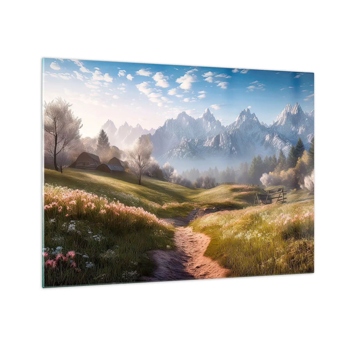 Obraz na szkle - Wiosenny krajobraz z doliną, kwiatami i górami w tle o poranku - 70x50cm - Sielska dolina - Nowoczesna dekoracja ścienna do salonu i sypialni ARTTOR