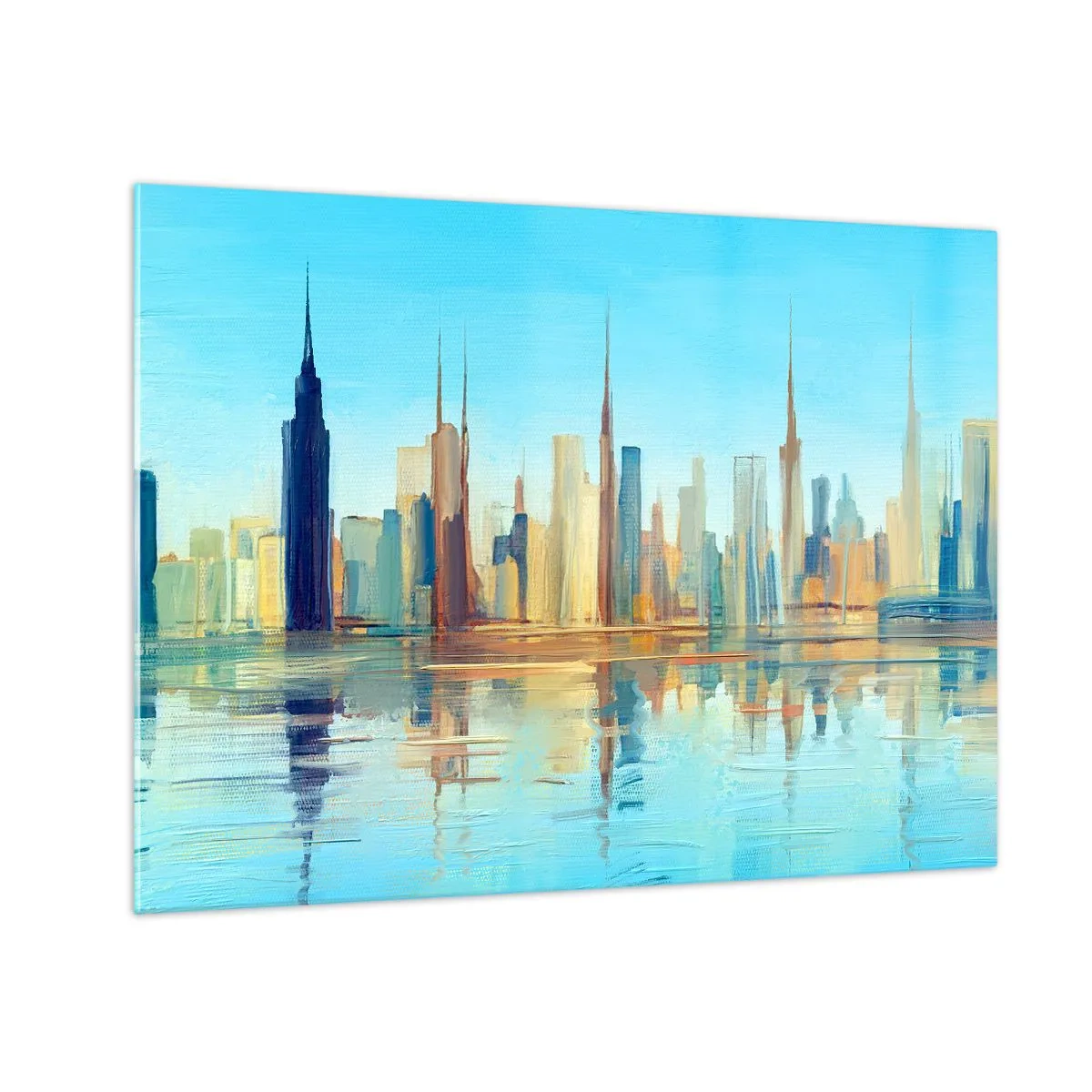 Obraz na szkle - Panorama metropolii odbijająca się w wodzie pod błękitnym niebem - 70x50cm - Słoneczna metropolia - Nowoczesna dekoracja ścienna do salonu i sypialni ARTTOR