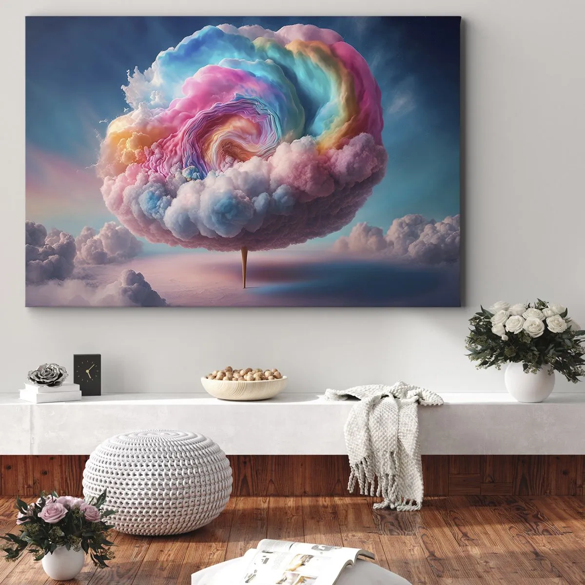 Obraz na płótnie - Chmura w kształcie spirali w pastelowych barwach na niebie - 70x50cm - Sen o wesołym miasteczku - Nowoczesna dekoracja ścienna do salonu i sypialni ARTTOR
