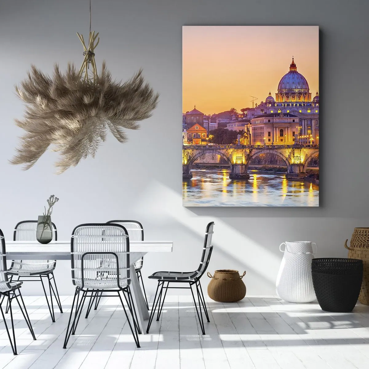 Obraz na płótnie - Wieczorny widok na most i zabytkową architekturę miasta - 50x70cm - Zmierzch nad Wiecznym Miastem - Nowoczesna dekoracja ścienna do salonu, kuchni i sypialni ARTTOR
