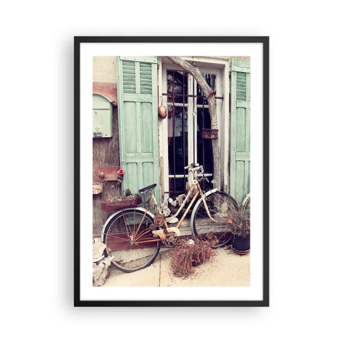 Plakat w czarnej ramie - Stary rower przed drewnianymi zielonymi okiennicami - 50x70cm - Niech żyje prowincja - Nowoczesna dekoracja ścienna do salonu i sypialni ARTTOR