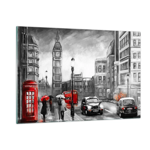 Obraz na szkle - Big Ben i ulice Londynu z czerwonymi akcentami na szarym tle - 120x80cm - Wcale nie szare miasto - Nowoczesna dekoracja ścienna do salonu, kuchni i sypialni ARTTOR