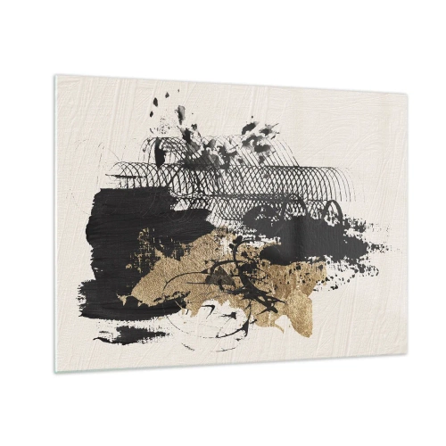 Obraz na szkle - Abstrakcyjna kompozycja w czerni i złocie na jasnym tle - 70x50cm - Kompozycja z pasją - Nowoczesna dekoracja ścienna do salonu i sypialni ARTTOR