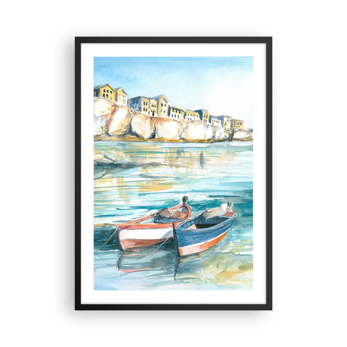 Plakat w czarnej ramie - Akwarelowy pejzaż z łodziami na wodzie i nadmorskim miastem - 50x70cm - Pejzaż w lazurze - Nowoczesna dekoracja ścienna do salonu i sypialni ARTTOR