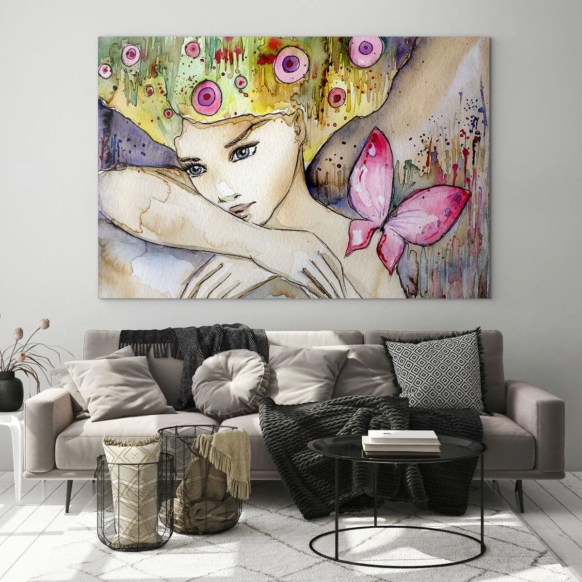 Obraz na szkle - Portret kobiety z barwną fryzurą i motylem w akwareli - 120x80cm - Motyla księżniczka - Nowoczesna dekoracja ścienna do salonu, kuchni i sypialni ARTTOR