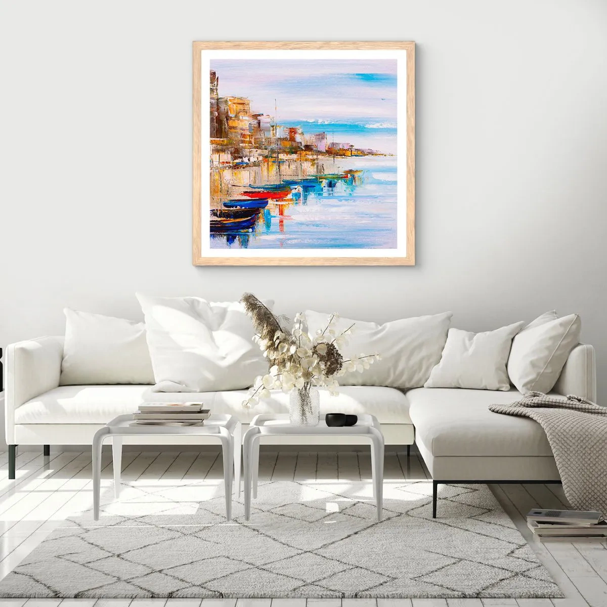 Plakat w ramie jasny dąb - Wielobarwna miejska przystań - 60x60 cm