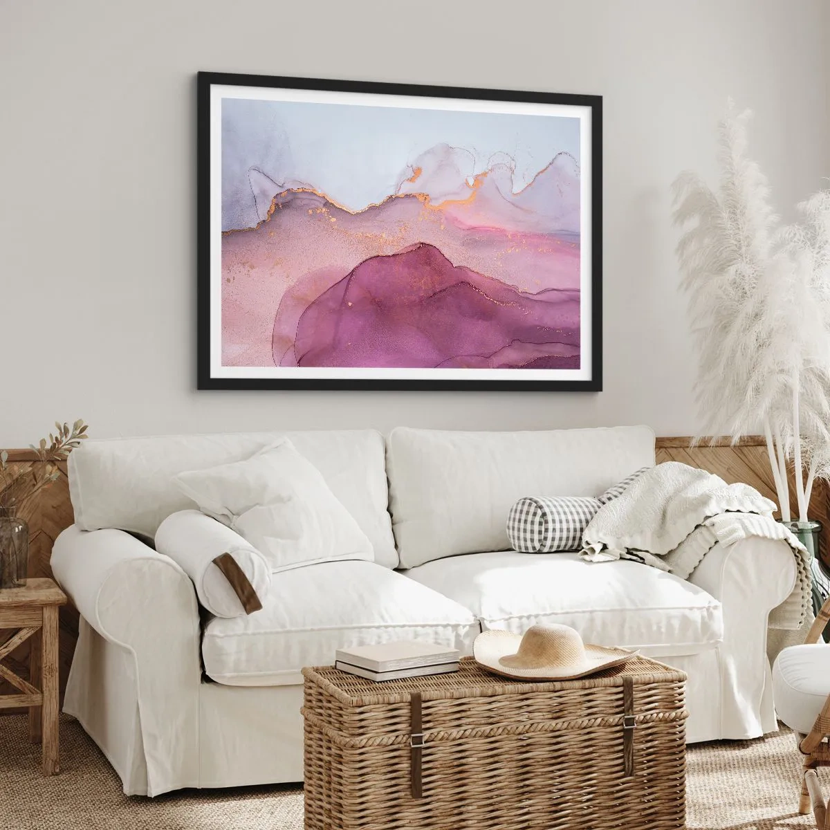 Plakat w czarnej ramie - Abstrakcyjna kompozycja w odcieniach fioletu i złota - 70x50cm - Fale lila i fioletu - Nowoczesna dekoracja ścienna do salonu i sypialni ARTTOR