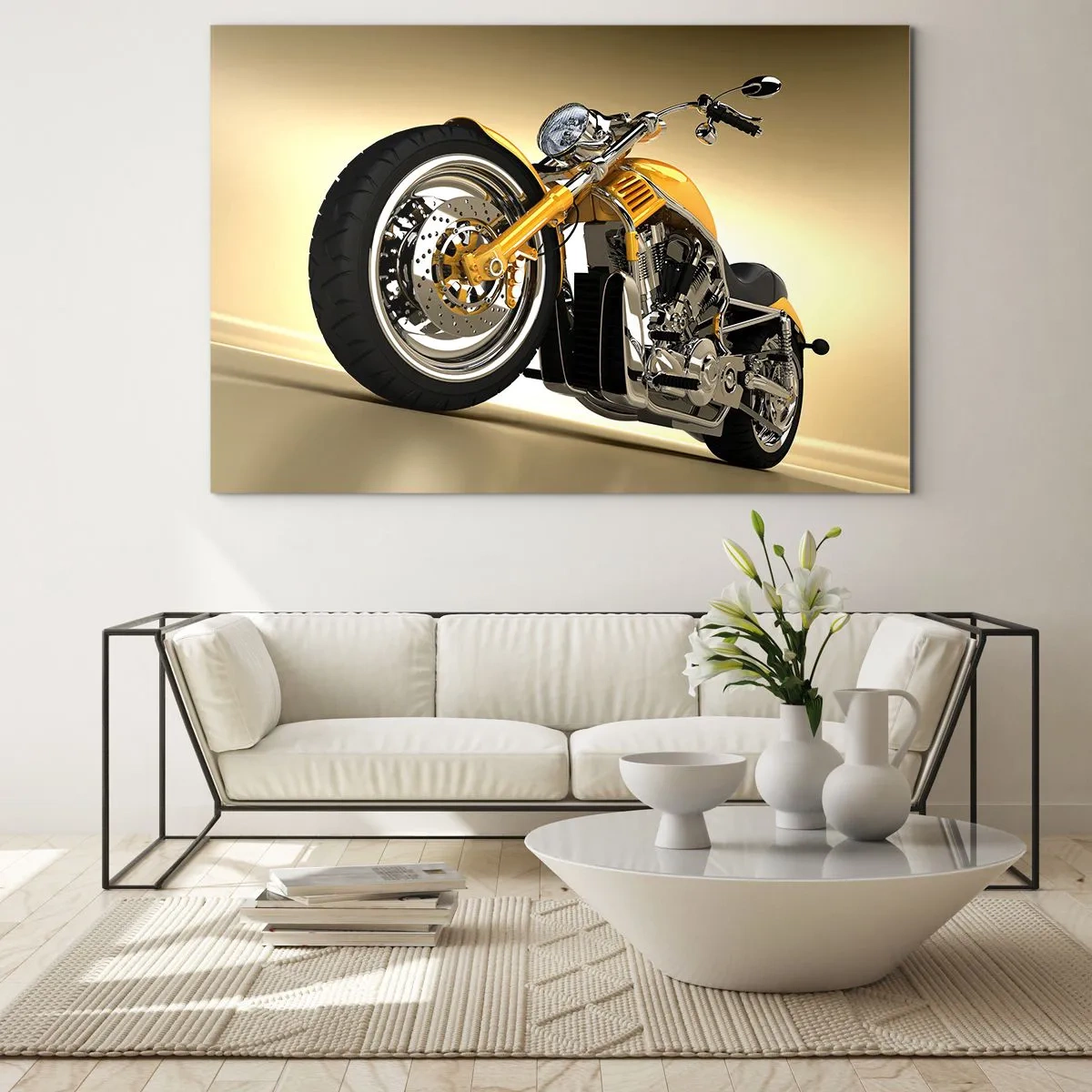 Obraz na szkle - Złoty motocykl w stylu custom na tle jasnym - 100x70cm - Marzenie o sile i prędkości - Nowoczesna dekoracja ścienna do salonu, kuchni i sypialni ARTTOR