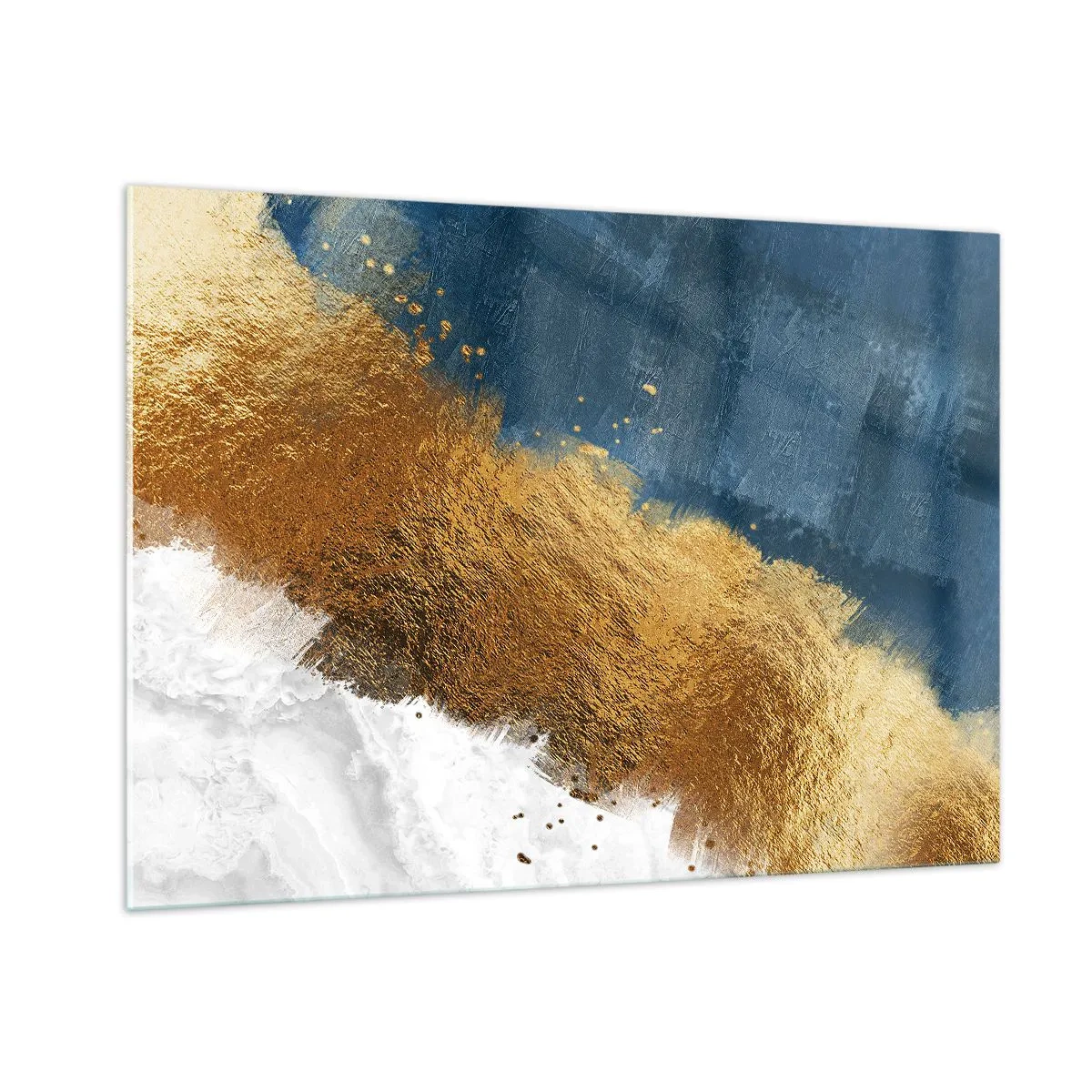 Obraz na szkle - Złote pociągnięcia farby na granatowo-białym tle - 100x70cm - Barwy lata - Nowoczesna dekoracja ścienna do salonu, kuchni i sypialni ARTTOR