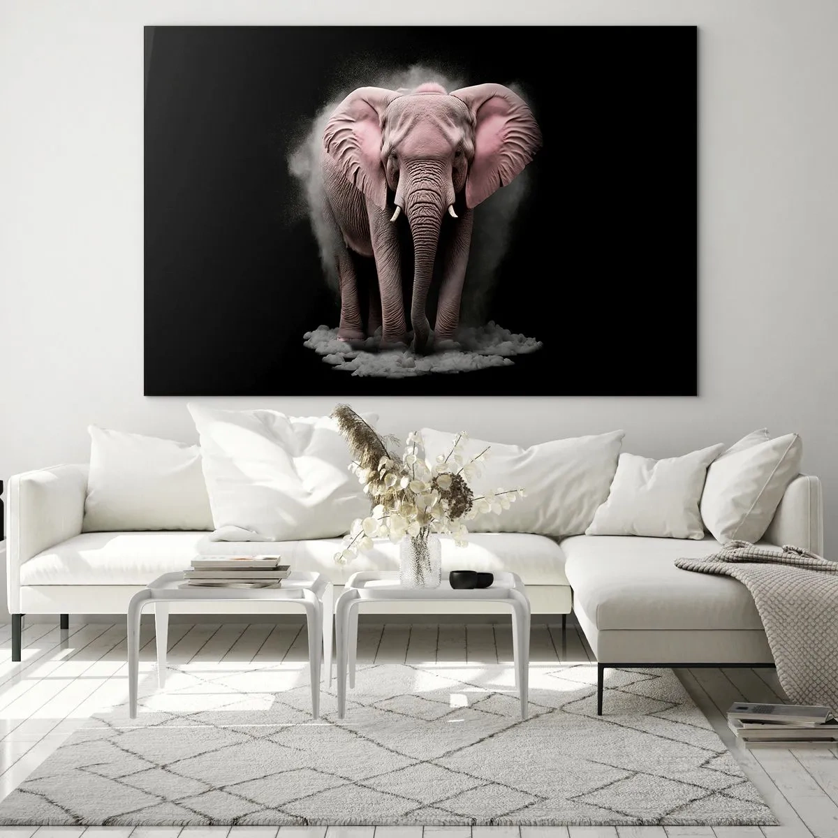 Obraz na szkle - Różowy słoń na czarnym tle otoczony obłokiem pyłu - 70x50cm - Nie myśl o różowym słoniu! - Nowoczesna dekoracja ścienna do salonu i sypialni ARTTOR