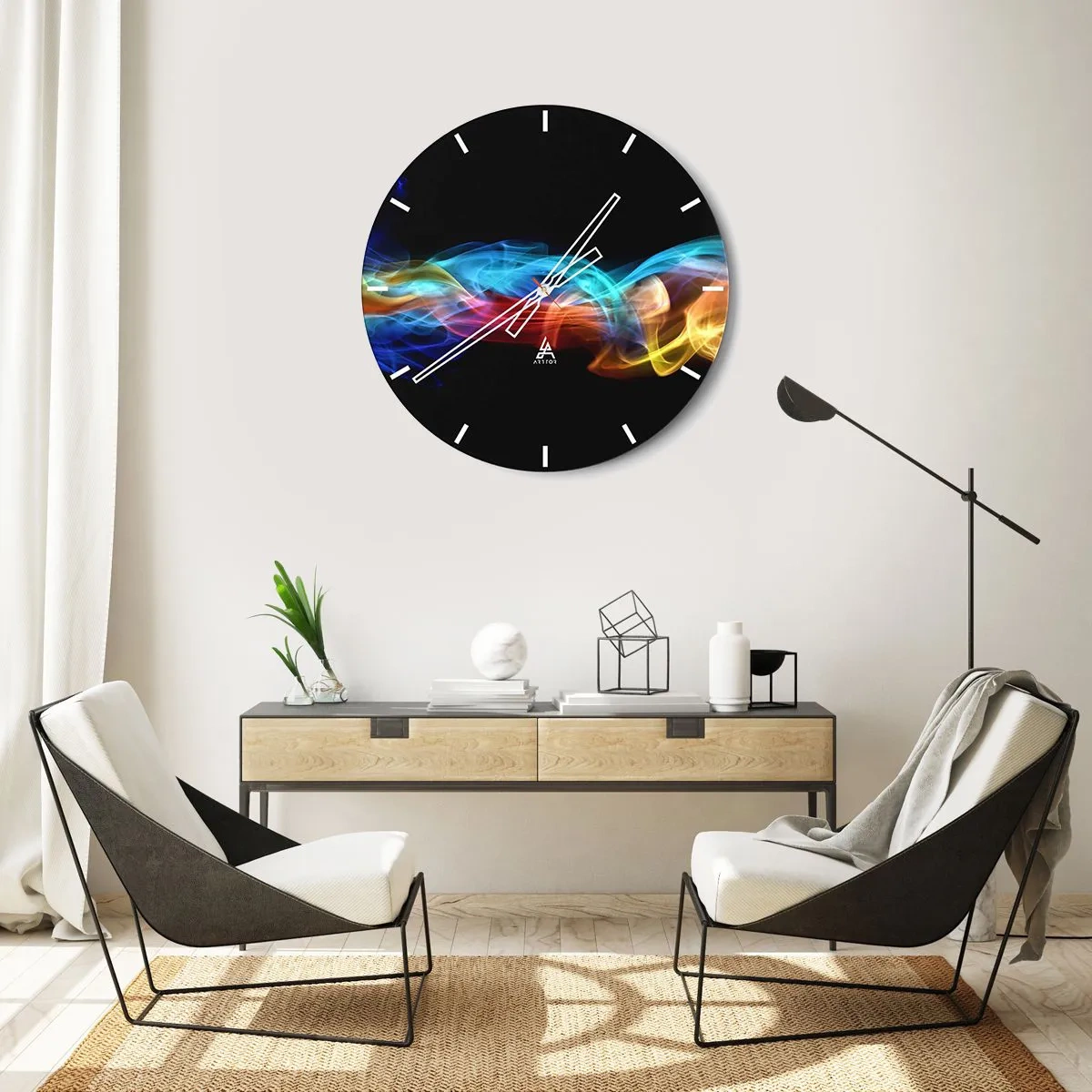 Zegar ścienny - Kolorowe smugi światła na czarnym tle - 30x30cm - Tęczowy taniec mgieł - Nowoczesna dekoracja ścienna do salonu, kuchni i sypialni ARTTOR