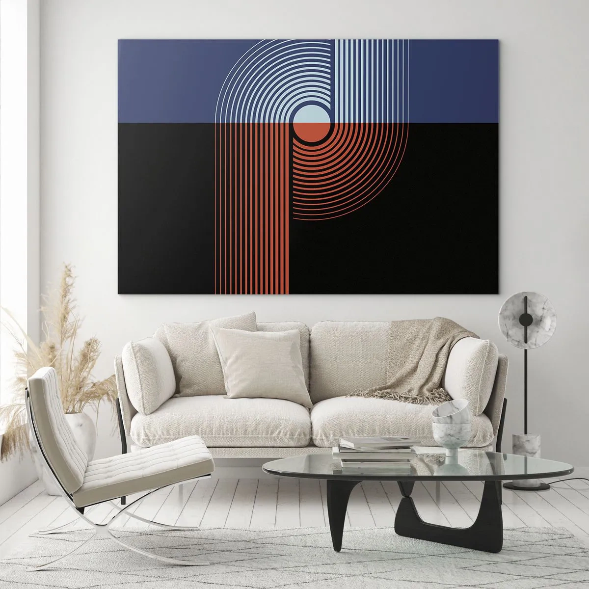 Obraz na szkle - Nowoczesna grafika geometryczna w kontrastowych barwach - 120x80cm - W geometrycznym uścisku - Nowoczesna dekoracja ścienna do salonu, kuchni i sypialni ARTTOR