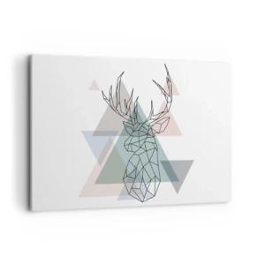 Obraz na płótnie - Geometryczny jeleń na tle pastelowych trójkątów - 120x80cm - W geometrycznym lesie - Nowoczesna dekoracja ścienna do salonu, kuchni i sypialni ARTTOR