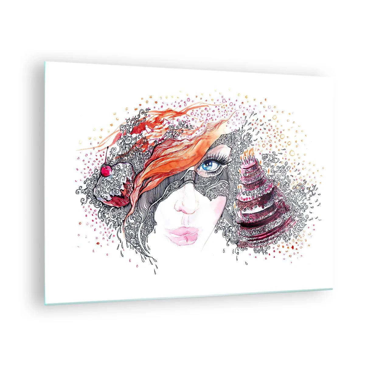 Obraz na szkle - Portret kobiety z dynamicznymi wzorami i czerwonymi akcentami - 70x50cm - Z nią codziennie jest święto - Nowoczesna dekoracja ścienna do salonu i sypialni ARTTOR