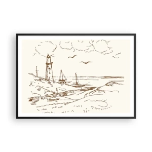 Plakat w czarnej ramie - Szkic latarni morskiej z widokiem na morze - 100x70cm - Zarys wspomnienia lata - Nowoczesna dekoracja ścienna do salonu i sypialni ARTTOR