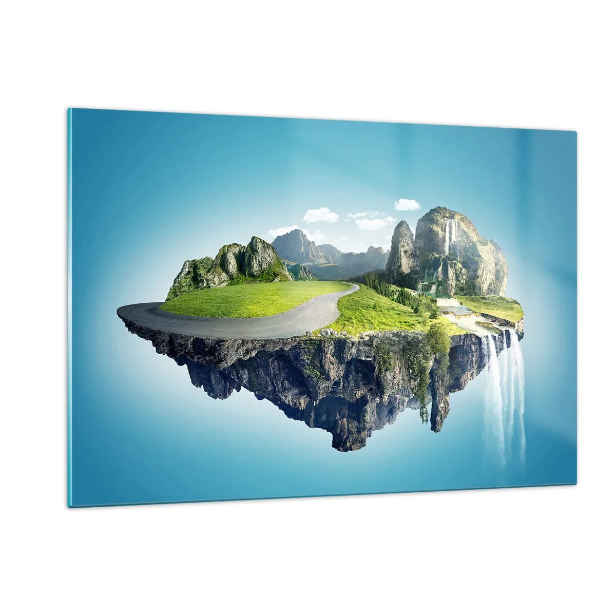 Obraz na szkle - Latająca wyspa z górami, wodospadem i zielenią - 120x80cm - Fantastyczna wyspa - Nowoczesna dekoracja ścienna do salonu, kuchni i sypialni ARTTOR