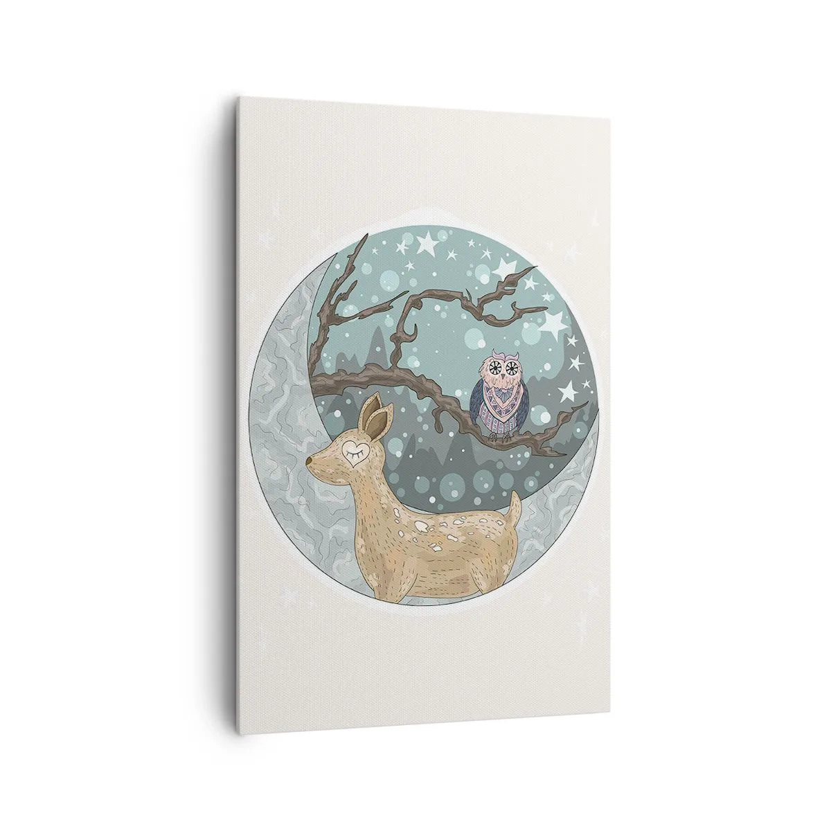 Obraz na płótnie - Jeleń i sowa w bajkowym krajobrazie nocnym - 80x120cm - Bajkowa, leśna noc - Nowoczesna dekoracja ścienna do salonu i sypialni ARTTOR