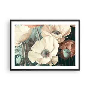 Plakat w czarnej ramie - Eleganckie kwiaty w pastelowych odcieniach na zielonym tle - 70x50cm - Szept maków - Nowoczesna dekoracja ścienna do salonu i sypialni ARTTOR