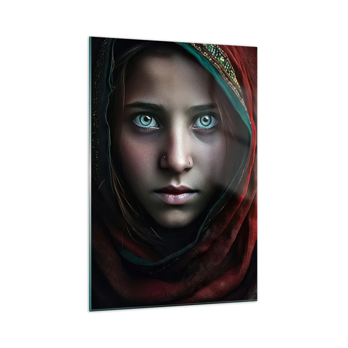 Obraz na szkle - Portret kobiety z intensywnym spojrzeniem w ciepłych barwach - 70x100cm - Wschodnia księżniczka - Nowoczesna dekoracja ścienna do salonu i sypialni ARTTOR