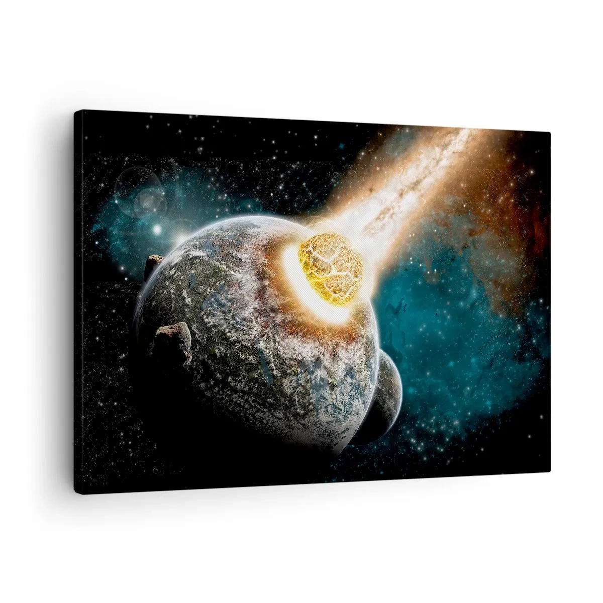 Obraz na płótnie - Kosmiczna kolizja planety z asteroidą w otoczeniu galaktyki. - 70x50cm - Zagłada czy narodziny? - Nowoczesna dekoracja ścienna do salonu i sypialni ARTTOR