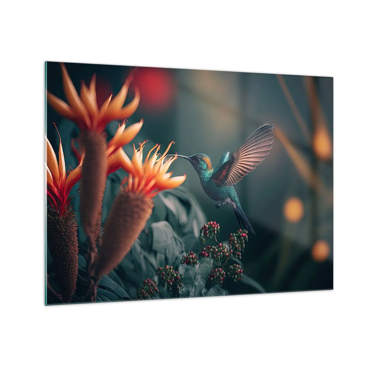 Obraz na szkle - Koliber unoszący się przy egzotycznych kwiatach wśród liści - 70x50cm - naprawdę barwne życie - Nowoczesna dekoracja ścienna do salonu i sypialni ARTTOR