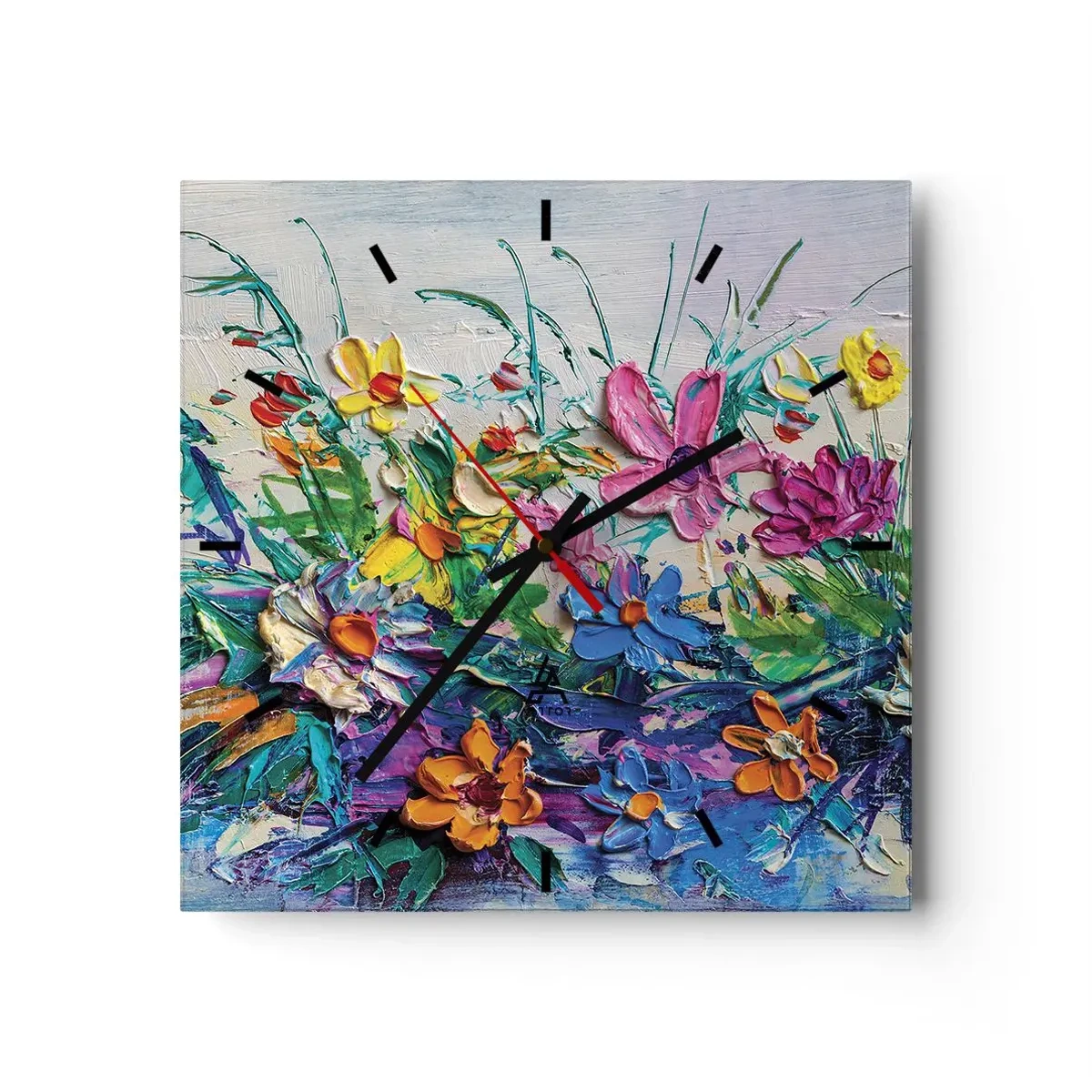 Zegar ścienny - Kolorowy bukiet kwiatów namalowany techniką impasto - 30x30cm - Wcale nie-martwa natura - Nowoczesna dekoracja ścienna do salonu i sypialni ARTTOR