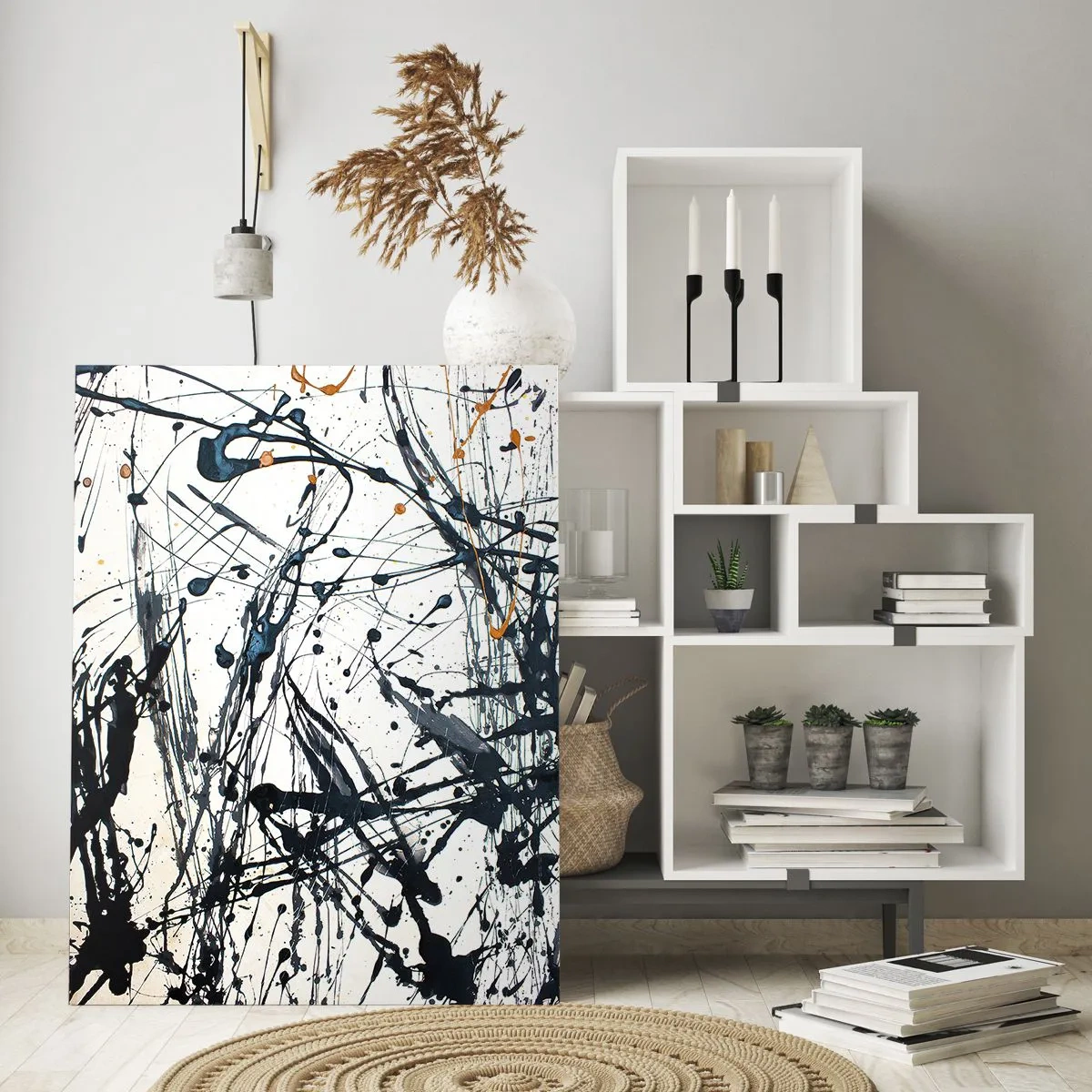 Obraz na szkle - Dynamiczne rozpryski farby na białym tle - 50x70cm - Abstrakcja ekspresjonistyczna - Nowoczesna dekoracja ścienna do salonu, kuchni i sypialni ARTTOR