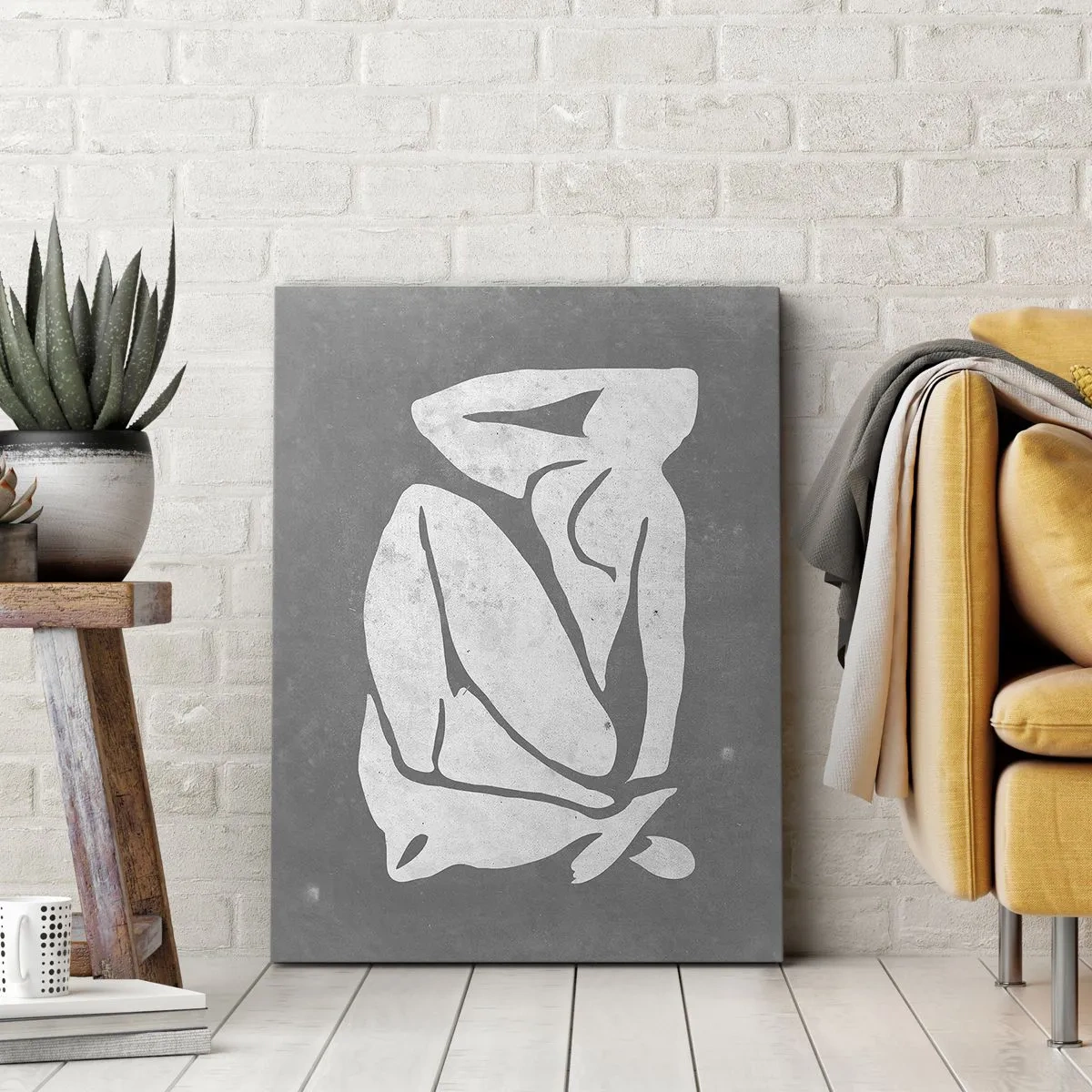 Obraz na płótnie - Minimalistyczna sylwetka kobiety w pozycji zamyślenia na szarym tle - 50x70cm - W zamyśleniu - Nowoczesna dekoracja ścienna do salonu, kuchni i sypialni ARTTOR