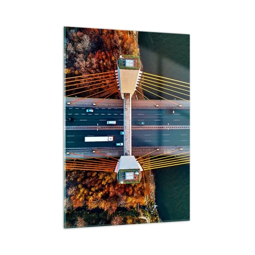 Obraz na szkle - Most z lotu ptaka z symetrycznym układem lin i samochodów - 50x70cm - ZA wodami, za lasami - Nowoczesna dekoracja ścienna do salonu, kuchni i sypialni ARTTOR