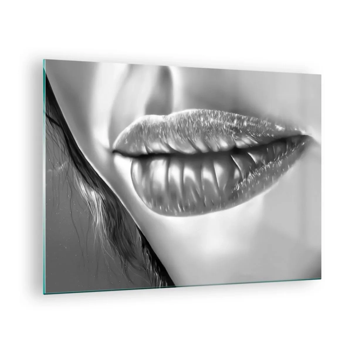 Obraz na szkle - Zmysłowe kobiece usta w monochromatycznej tonacji - 70x50cm - Wiem, o czym myślisz… - Nowoczesna dekoracja ścienna do salonu i sypialni ARTTOR