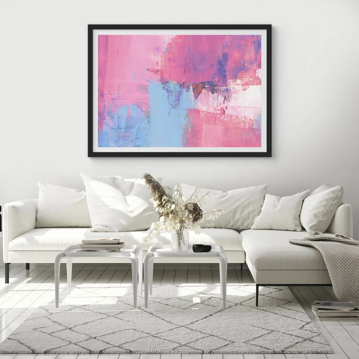 Plakat w czarnej ramie - Abstrakcyjna kompozycja w różu i błękicie - 70x50cm - Róż, błękit i szczypta światła - Nowoczesna dekoracja ścienna do salonu i sypialni ARTTOR