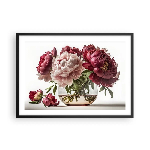 Plakat w czarnej ramie - Bukiet piwonii w odcieniach różu i czerwieni - 70x50cm - W pełnym rozkwicie urody - Nowoczesna dekoracja ścienna do salonu i sypialni ARTTOR