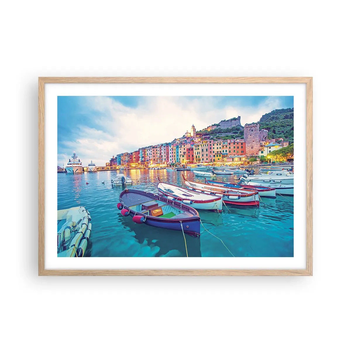 Plakat w ramie jasny dąb - Kolorowy wieczór w porcie - 70x50 cm