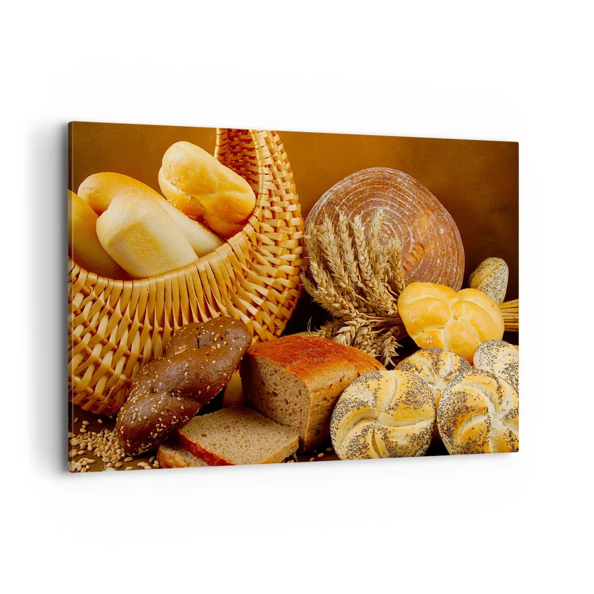Obraz na płótnie - Różnorodne pieczywo w wiklinowym koszu na tle złotym - 120x80cm - Znowu się nam upiekło - Nowoczesna dekoracja ścienna do salonu, kuchni i sypialni ARTTOR