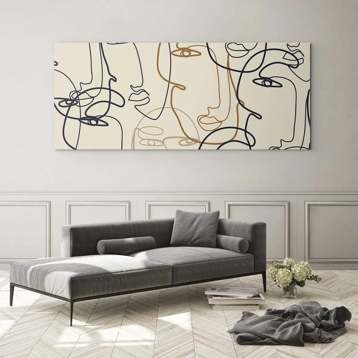 Obraz na szkle - Minimalistyczne twarze w stylu line art na jasnym tle - 120x50cm - Portret zwielokrotniony - Nowoczesna dekoracja ścienna do salonu i sypialni ARTTOR