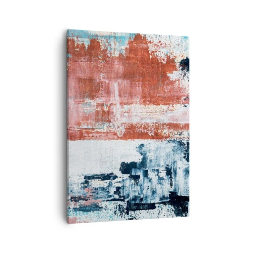 Obraz na płótnie - Abstrakcyjna kompozycja z teksturą w odcieniach turkusu, bieli, granatu i rdzawej czerwieni - 50x70cm - Abstrakcyjne pół na pół - Nowoczesna dekoracja ścienna do salonu, kuchni i sypialni ARTTOR
