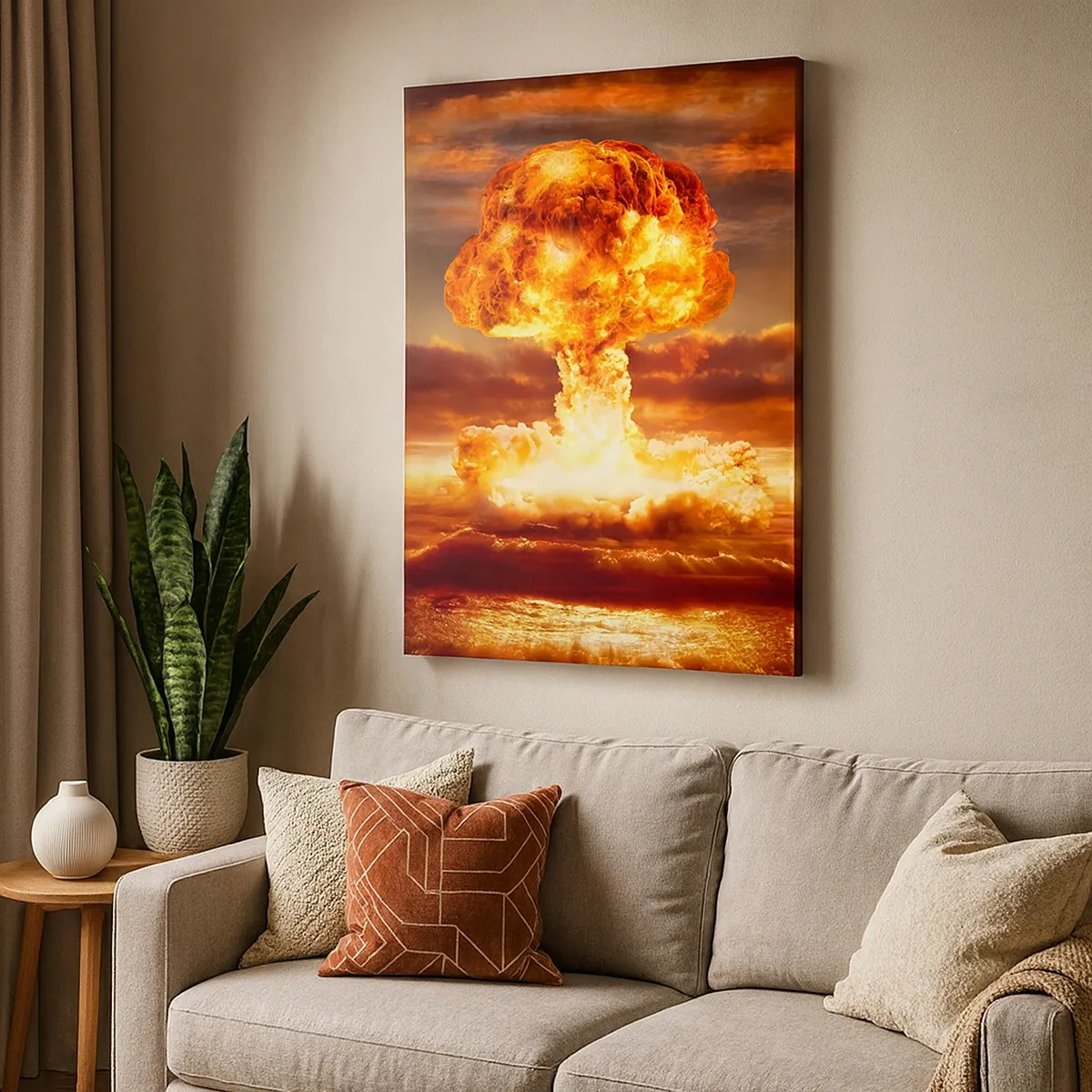 Obraz na płótnie - Gigantyczna eksplozja atomowa nad horyzontem - 50x70cm - I stanie się koniec - Nowoczesna dekoracja ścienna do salonu, kuchni i sypialni ARTTOR