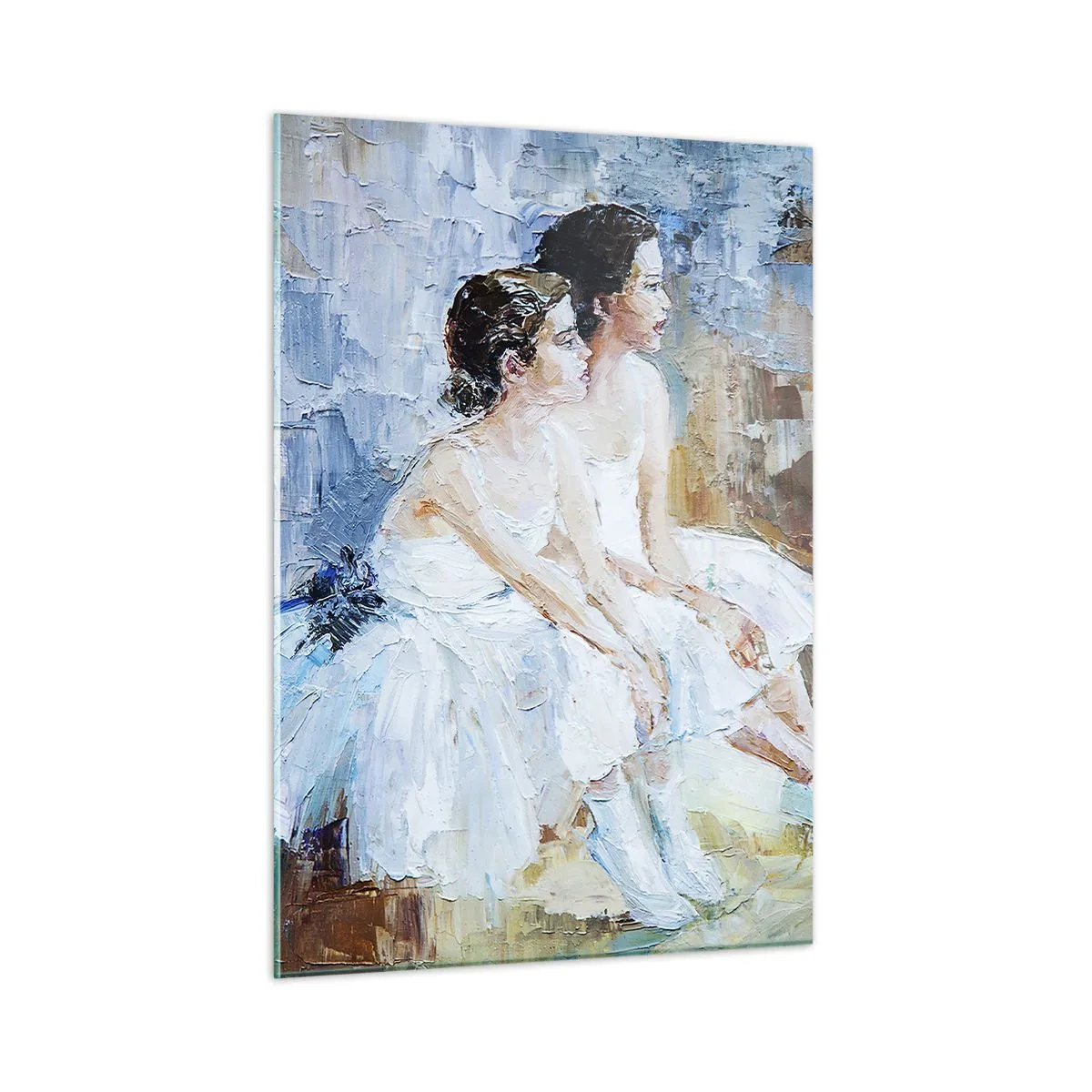Obraz na szkle - Dwie baletnice w białych sukniach na tle impresjonistycznym - 50x70cm - Odpoczynek młodych łabędzi - Nowoczesna dekoracja ścienna do salonu, kuchni i sypialni ARTTOR