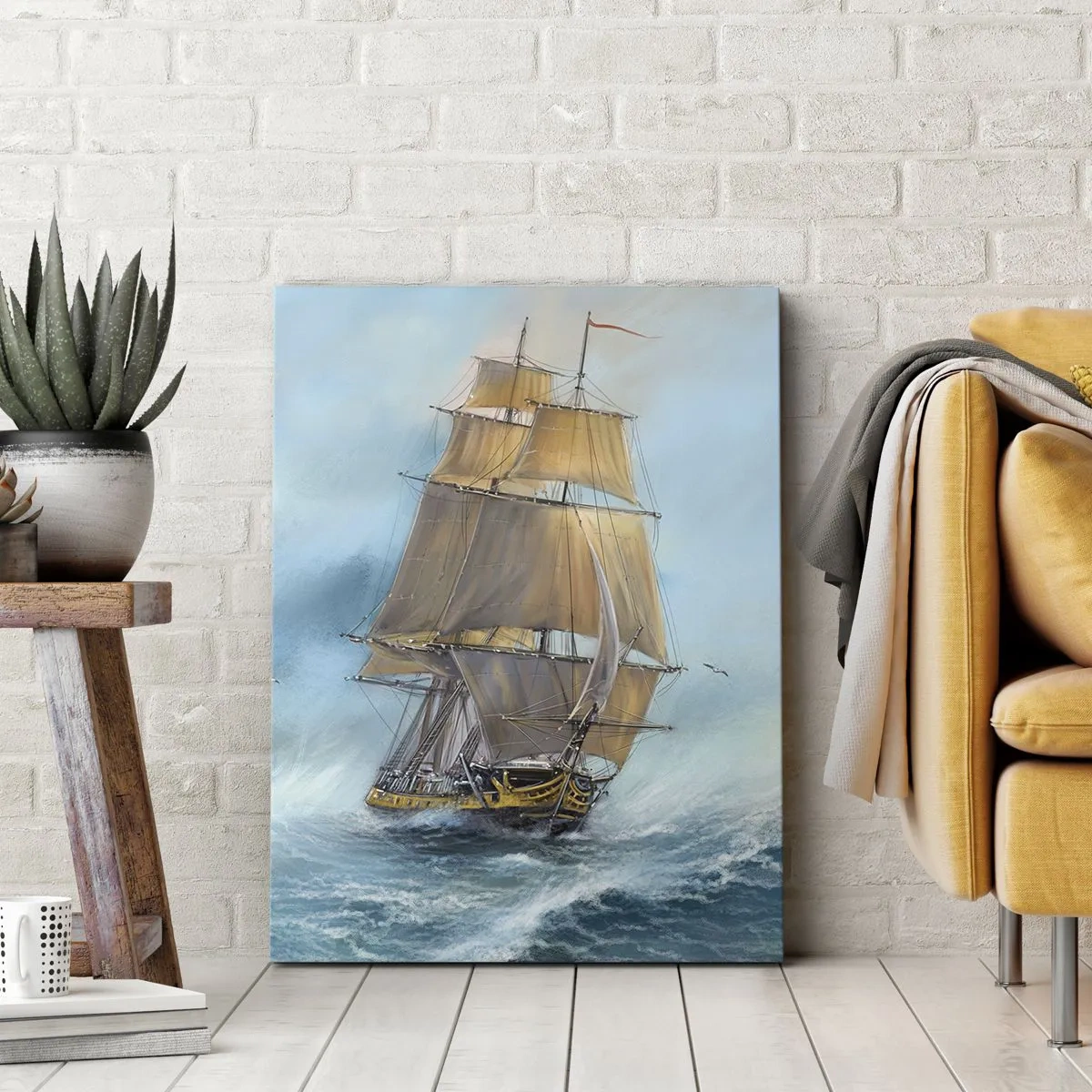 Obraz na płótnie - Żaglowiec na wzburzonym morzu pod błękitnym niebem - 50x70cm - Mknący po falach - Nowoczesna dekoracja ścienna do salonu, kuchni i sypialni ARTTOR