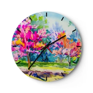 Zegar ścienny - Akwarelowy krajobraz z kolorowymi drzewami - 30x30cm - Tęczowy ogród w wiosennym blasku - Nowoczesna dekoracja ścienna do salonu, kuchni i sypialni ARTTOR