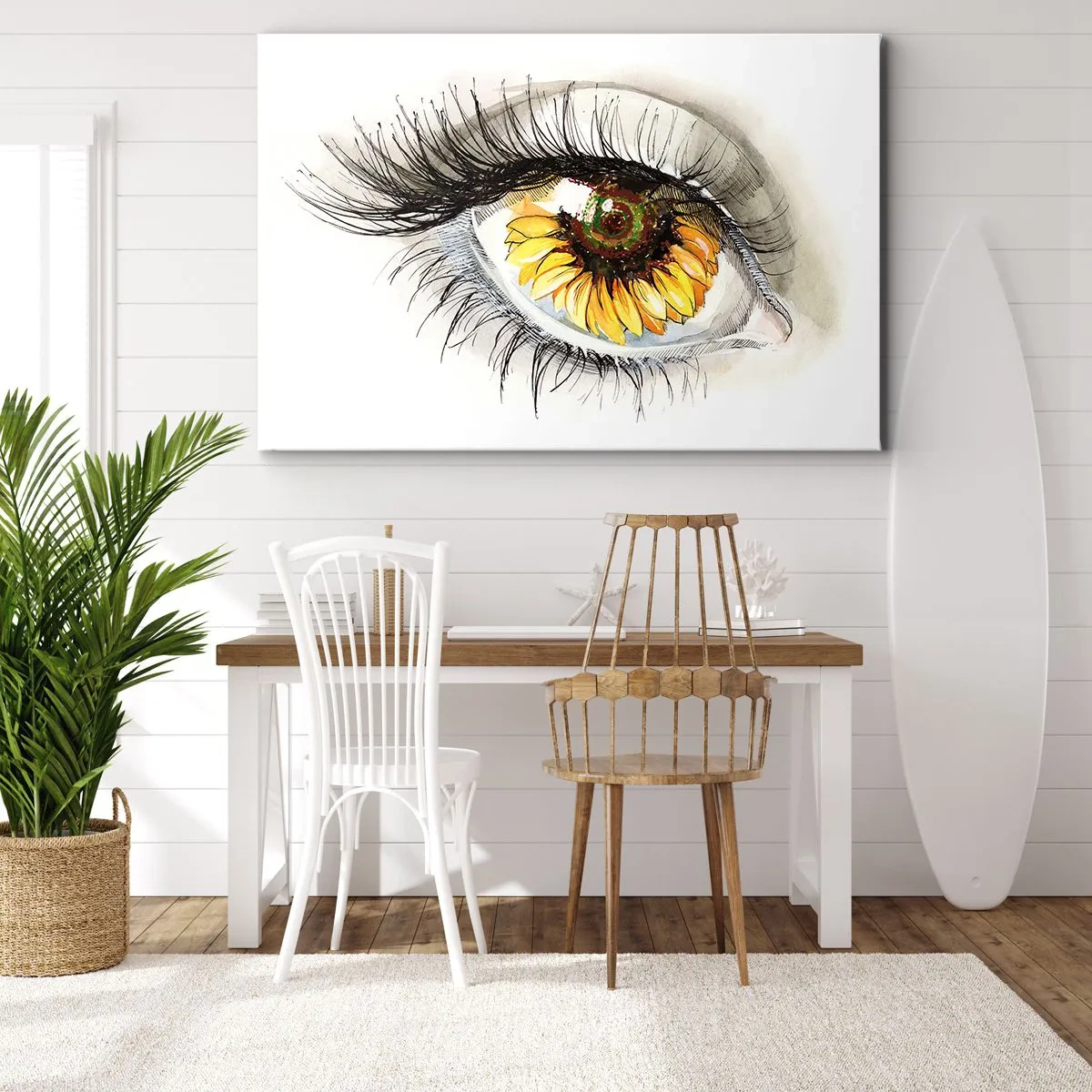 Obraz na płótnie - Artystyczne oko z tęczówką w kształcie słonecznika - 70x50cm - Spojrzenie gorące jak lato - Nowoczesna dekoracja ścienna do salonu i sypialni ARTTOR