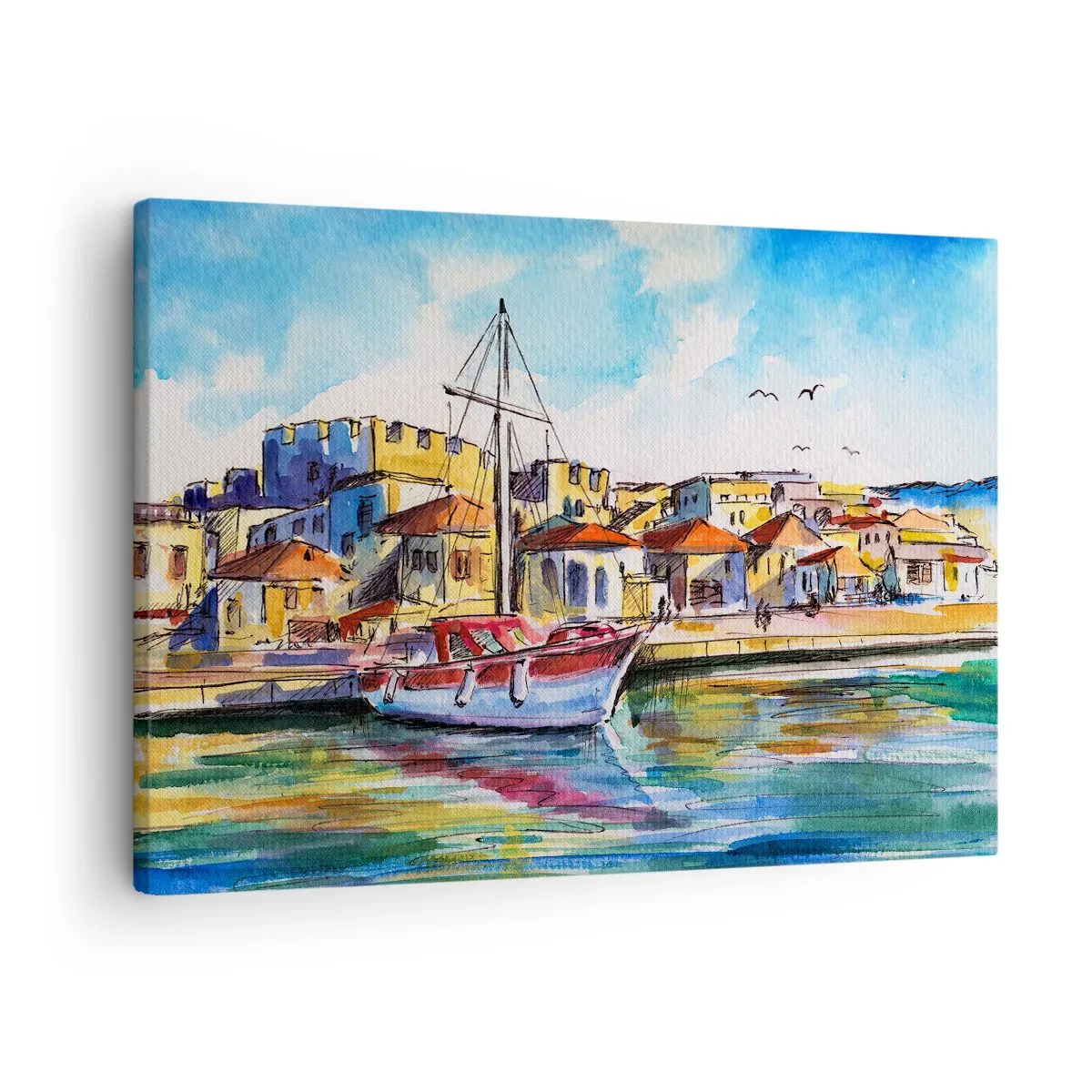 Obraz na płótnie - Malowniczy port z łodzią i kolorowymi budynkami - 70x50cm - Tęczowe popołudnie - Nowoczesna dekoracja ścienna do salonu i sypialni ARTTOR