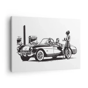 Obraz na płótnie - Czarno-biała scena retro z samochodem i kelnerką na wrotkach - 70x50cm - 60. - beztroska Ameryka - Nowoczesna dekoracja ścienna do salonu i sypialni ARTTOR
