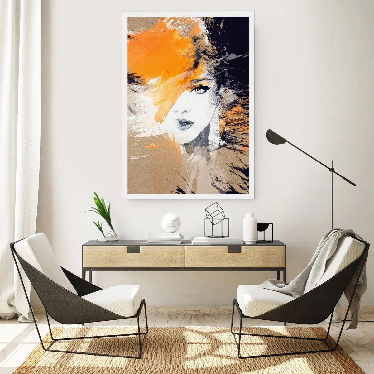 Plakat - Portret kobiety w artystycznym stylu z pomarańczowymi akcentami - 50x70cm - I staje się światło - Nowoczesna dekoracja ścienna do salonu, kuchni i sypialni ARTTOR