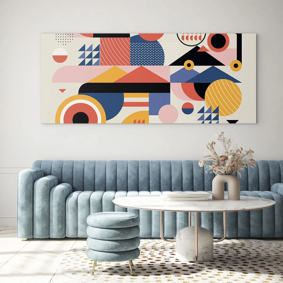 Obraz na szkle - Kolorowe geometryczne kształty w stylu retro - 140x50cm - Kompozycja: pobaw się - Nowoczesna dekoracja ścienna do salonu i sypialni ARTTOR