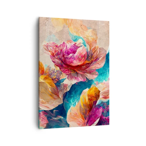 Obraz na płótnie - Kolorowe kwiaty w odcieniach różu, pomarańczu i błękitu - 50x70cm - Barwny przepych bukietu - Nowoczesna dekoracja ścienna do salonu, kuchni i sypialni ARTTOR